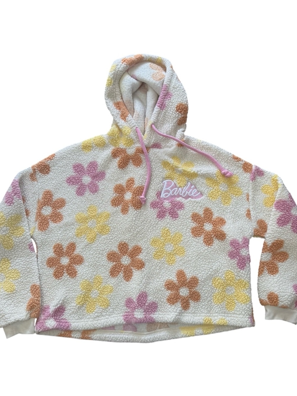 Barbie Cream Sherpa Hoodie with Pink, Yellow & Orange Floral Print